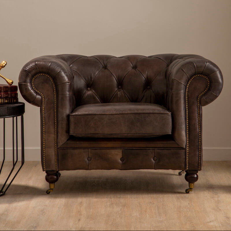 Victor Dark Grey Brown Leather Chesterfield Chair with Walnut Wood Legs