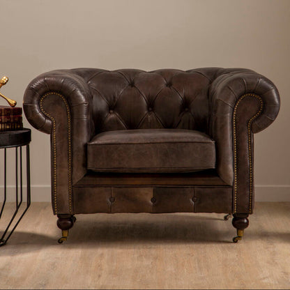 Victor Dark Grey Brown Leather Chesterfield Chair with Walnut Wood Legs