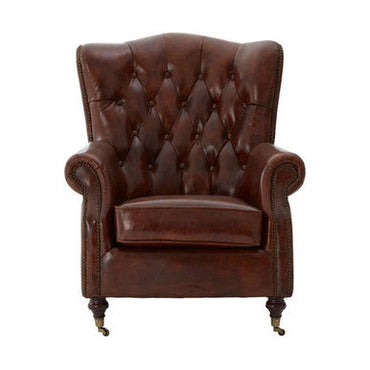 Victor Mocha Brown Leather Scroll Armchair with Button Tufted Backrest