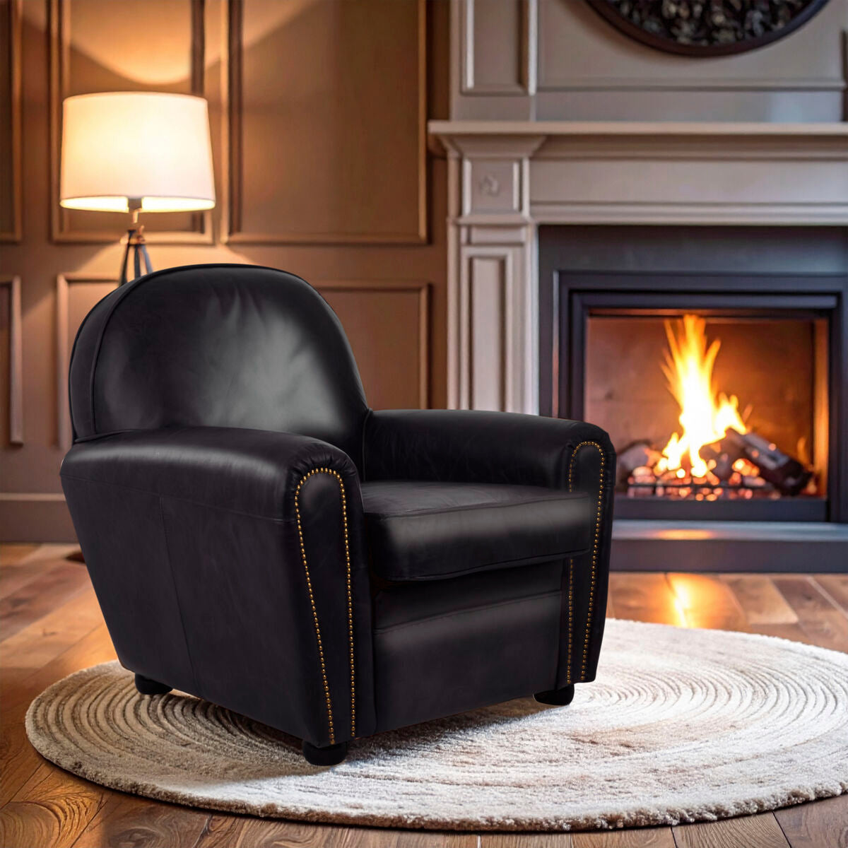 Victor Black Leather Armchair with Brass Stud Detail