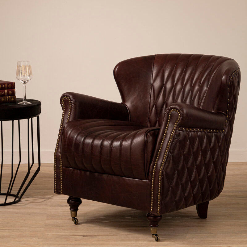 Victor Brown Leather Wingback Armchair with Diamond Quilted Detail