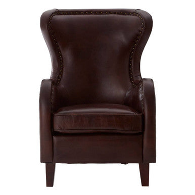 Victor Deep Brown Leather Lounge Chair with Brass Stud Detail