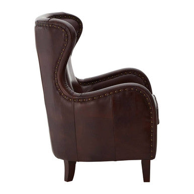 Victor Deep Brown Leather Lounge Chair with Brass Stud Detail