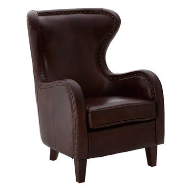 Victor Deep Brown Leather Lounge Chair with Brass Stud Detail