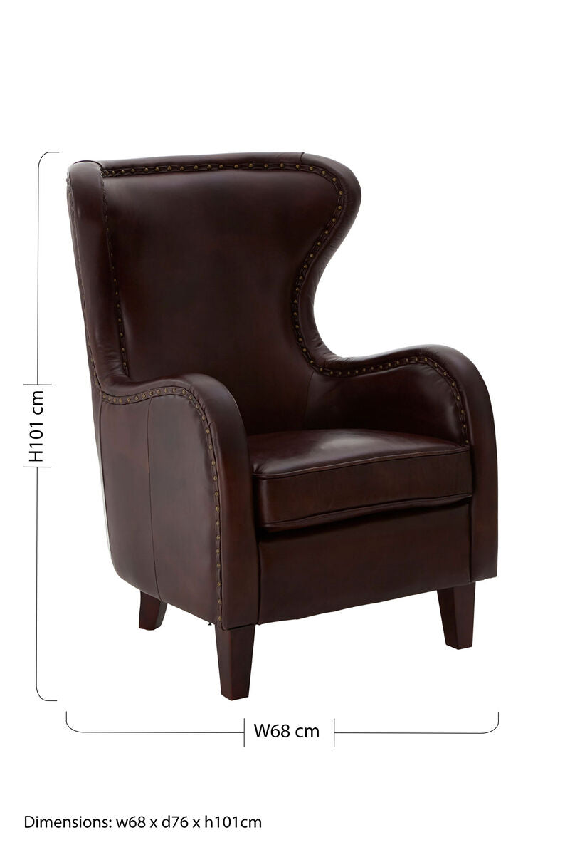 Victor Deep Brown Leather Lounge Chair with Brass Stud Detail