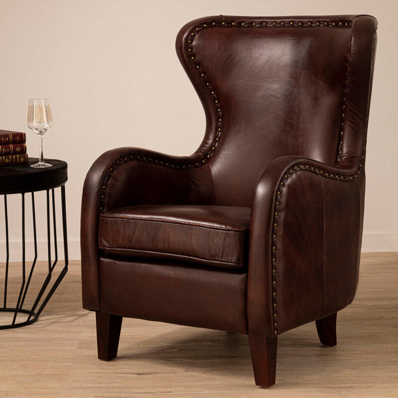 Victor Deep Brown Leather Lounge Chair with Brass Stud Detail