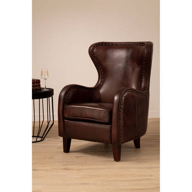 Victor Deep Brown Leather Lounge Chair with Brass Stud Detail