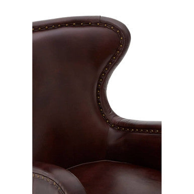 Victor Deep Brown Leather Lounge Chair with Brass Stud Detail