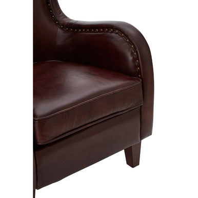Victor Deep Brown Leather Lounge Chair with Brass Stud Detail
