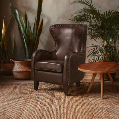 Victor Deep Brown Leather Lounge Chair with Brass Stud Detail