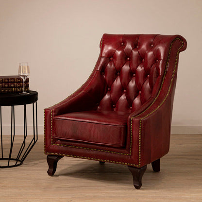 Victor Deep Red Leather Lounge Chair with Button Tufted Back
