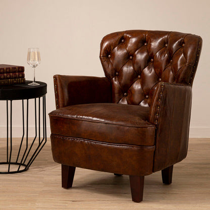 Victor Mocha Brown Leather Armchair With Button Tufted Back