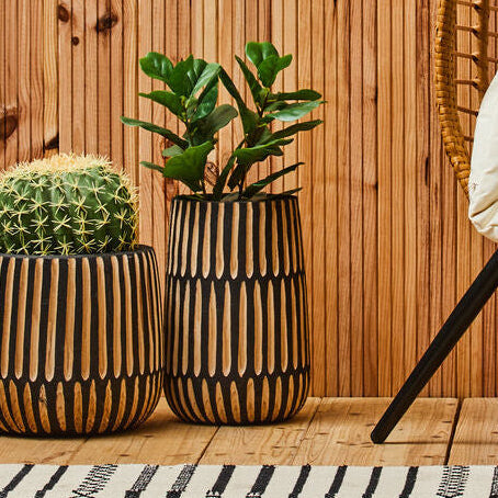 Arlo Black and Natural Wide Engraved Wood Vase