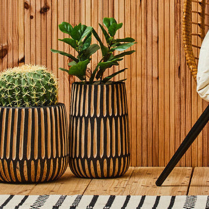 Arlo Black and Natural Wide Engraved Wood Vase