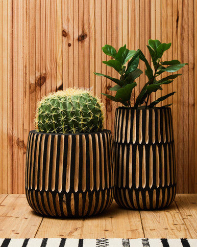 Arlo Black and Natural Wide Engraved Wood Vase
