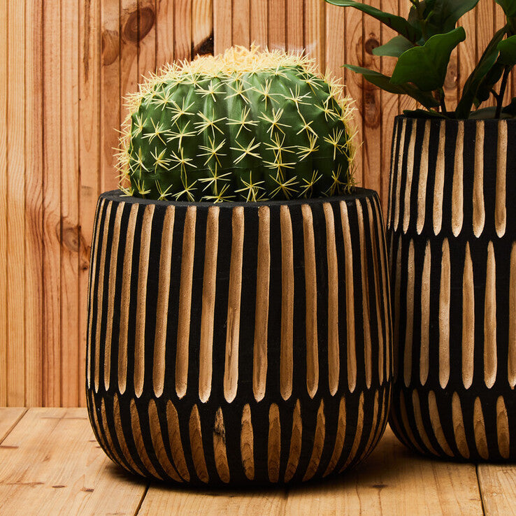 Arlo Black and Natural Large Engraved Wood Planter