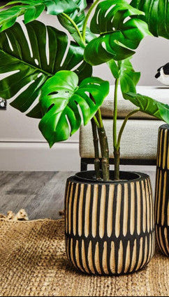 Arlo Black and Natural Small Engraved Wood Planter