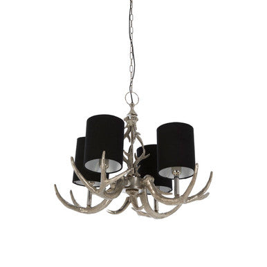 Antler Black and Silver Metal 4 Shade Chandelier with Antler Design