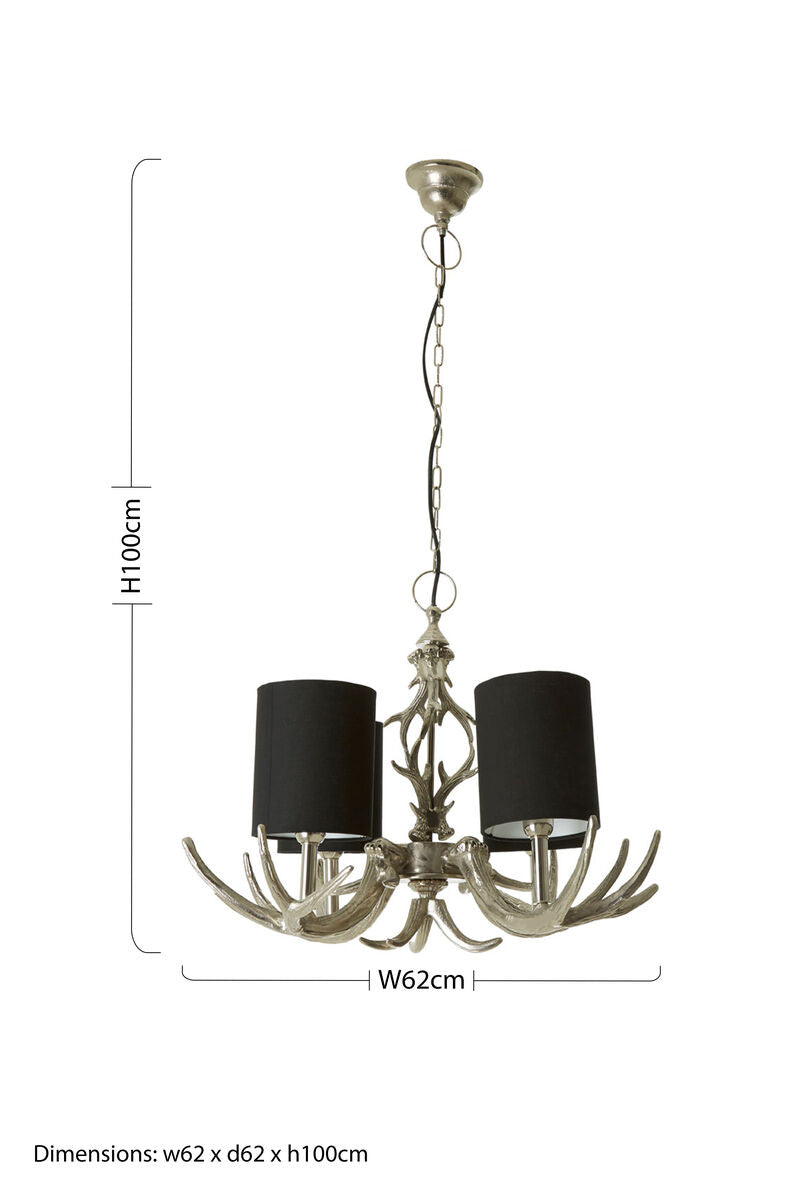 Antler Black and Silver Metal 4 Shade Chandelier with Antler Design