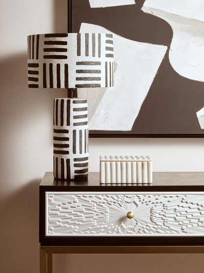 Black and White Papier Mache Table Lamp with Geometric Lines | Carta