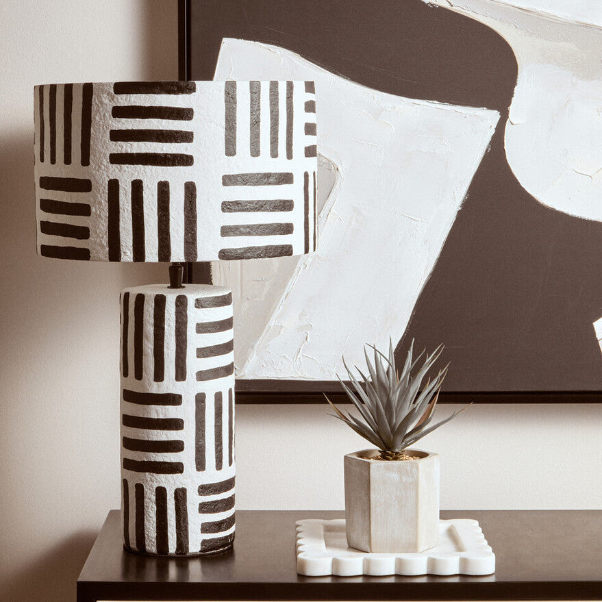 Black and White Papier Mache Table Lamp with Geometric Lines | Carta