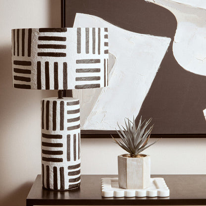 Black and White Papier Mache Table Lamp with Geometric Lines | Carta