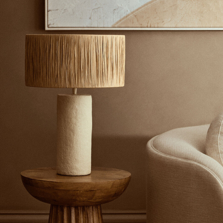 Natural Papier Mache Table Lamp with Natural Raffia Shade | Carta