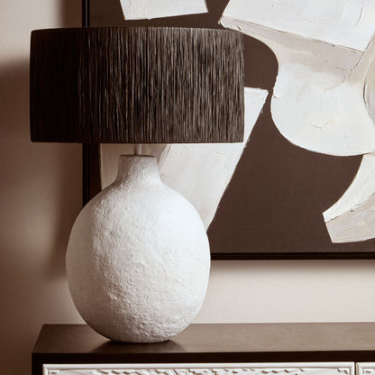 Carta White Papier Mache Table Lamp With Black Raffia Shade