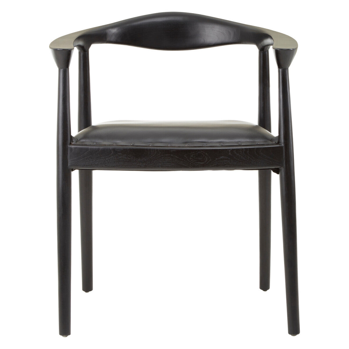 Kendari Black Leather and Teak Wood Armchair with Stud Detail