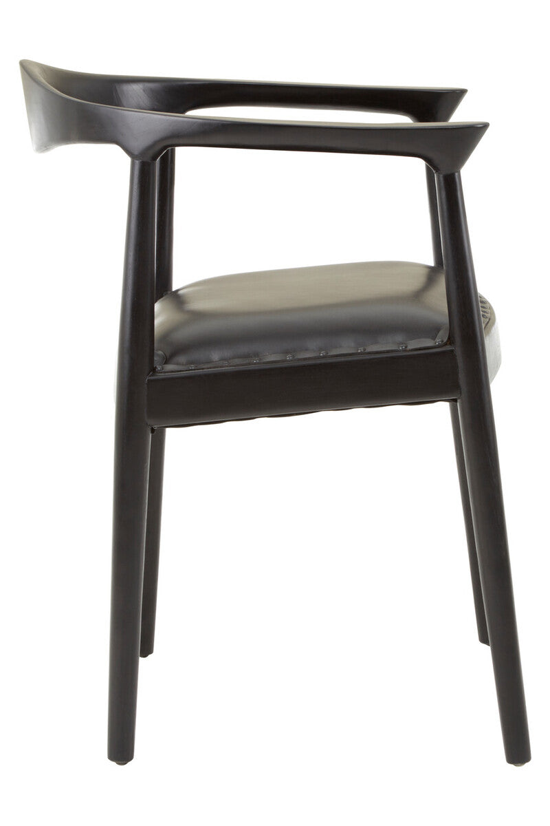 Kendari Black Leather and Teak Wood Armchair with Stud Detail