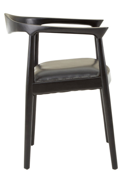Kendari Black Leather and Teak Wood Armchair with Stud Detail