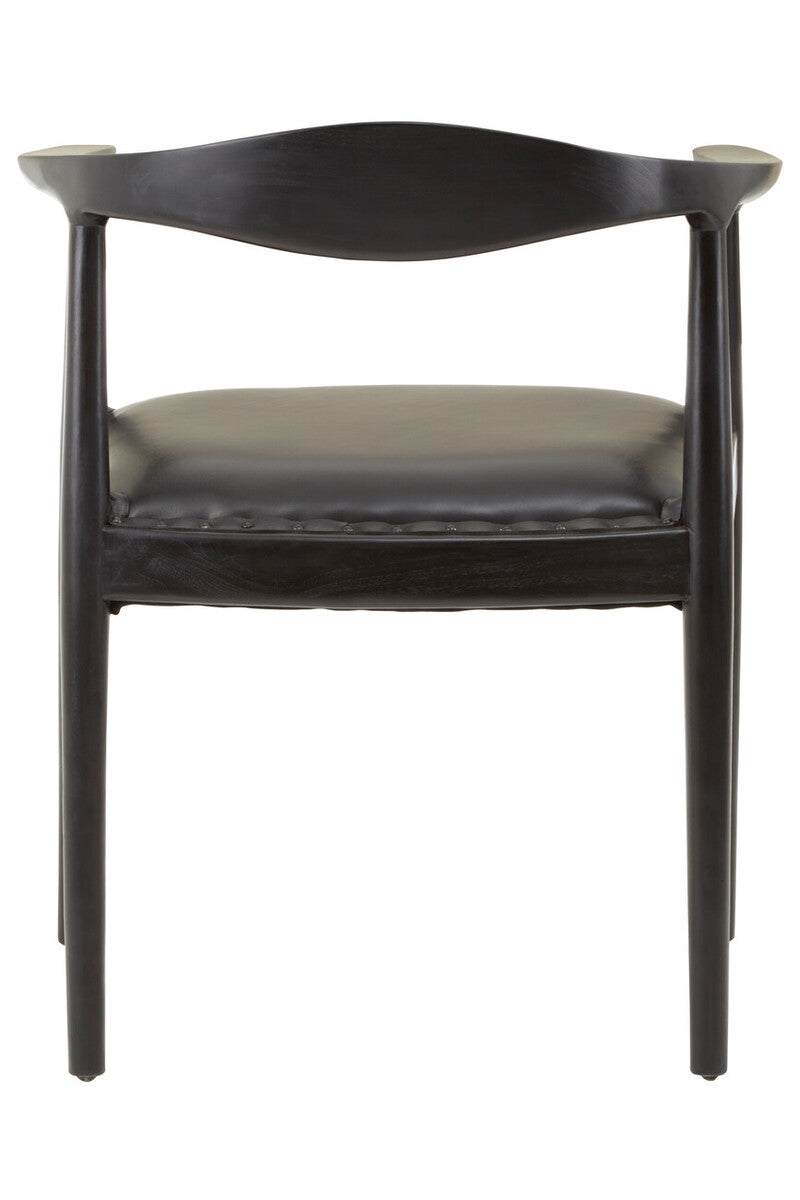 Kendari Black Leather and Teak Wood Armchair with Stud Detail