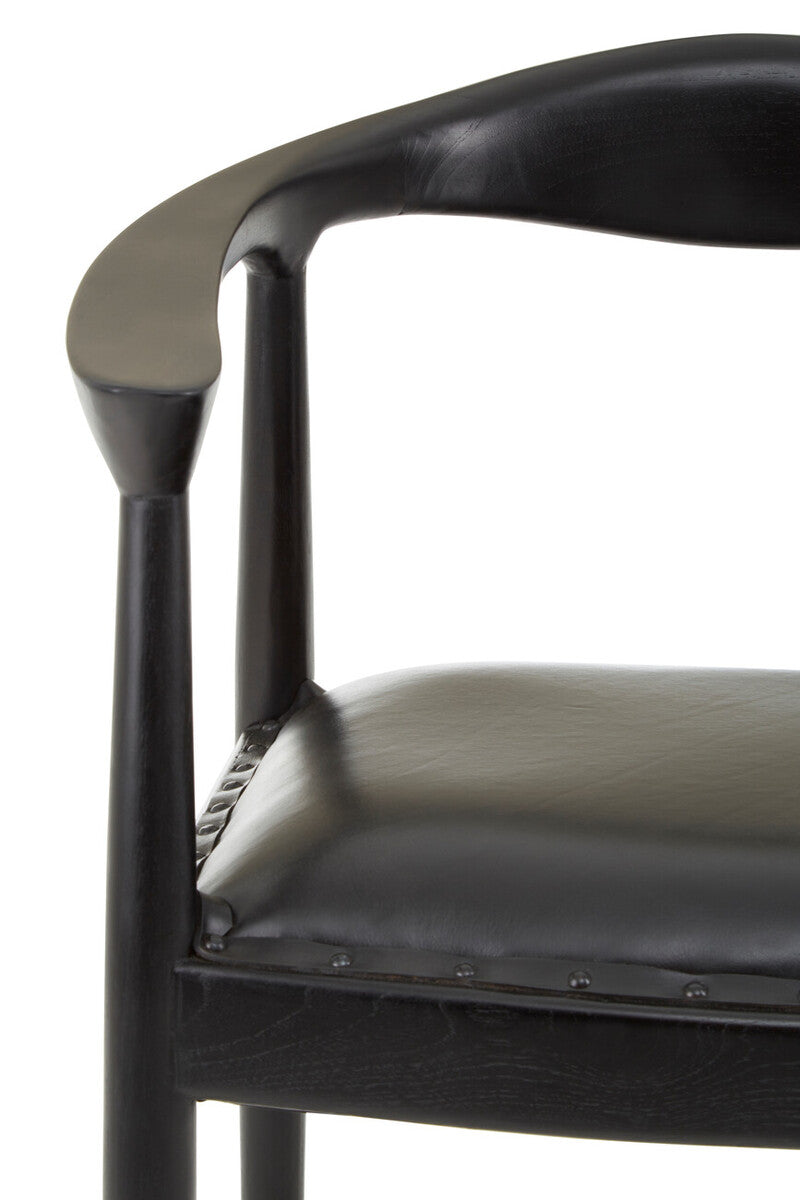Kendari Black Leather and Teak Wood Armchair with Stud Detail