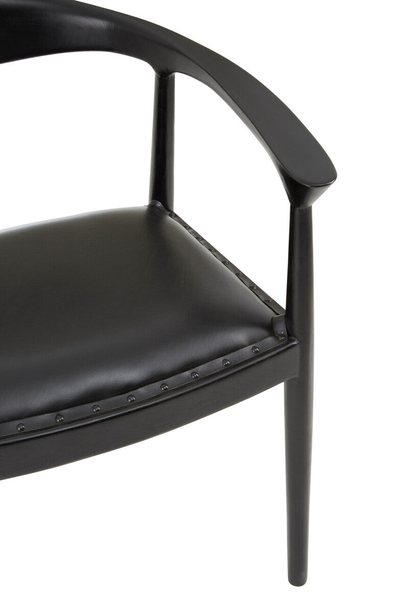 Kendari Black Leather and Teak Wood Armchair with Stud Detail