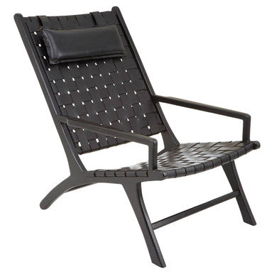 Kendari Black Leather Woven Chair with Wood Frame