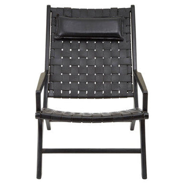 Kendari Black Leather Woven Chair with Wood Frame