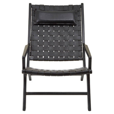 Kendari Black Leather Woven Chair with Wood Frame