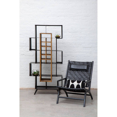 Kendari Black Leather Woven Chair with Wood Frame