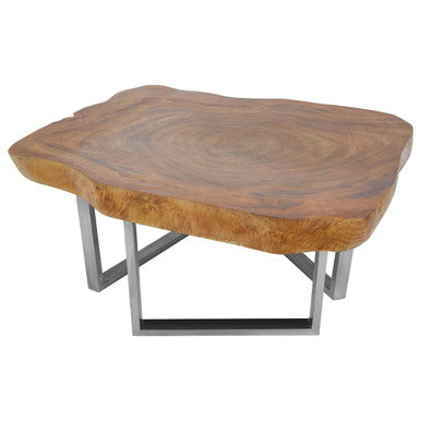 Natural Teak Wood Coffee Table with Silver Steel Frame | Surak