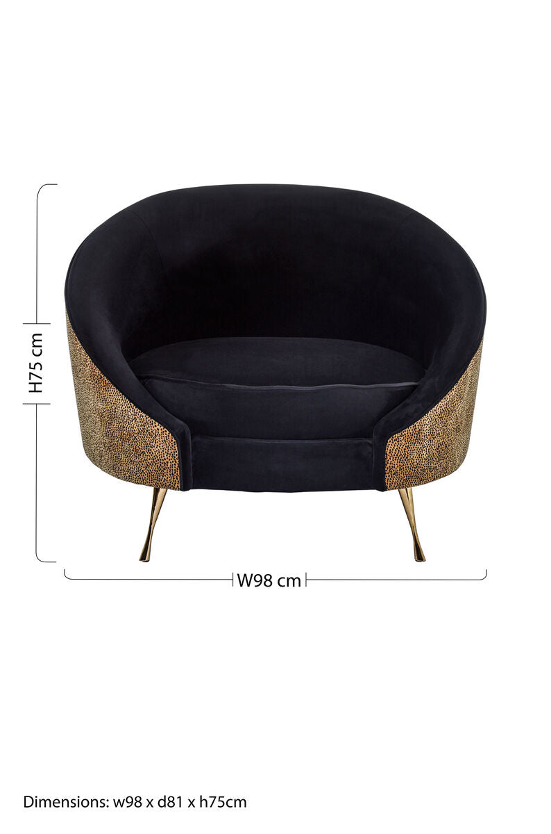 Manhattan Black Velvet and Leopard Print Cocoon Chair with Gold Finish Legs
