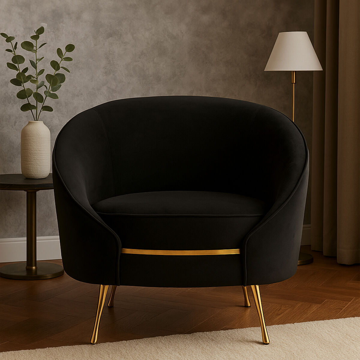 Manhattan Black Velvet Cocoon Chair with Gold Finish Legs