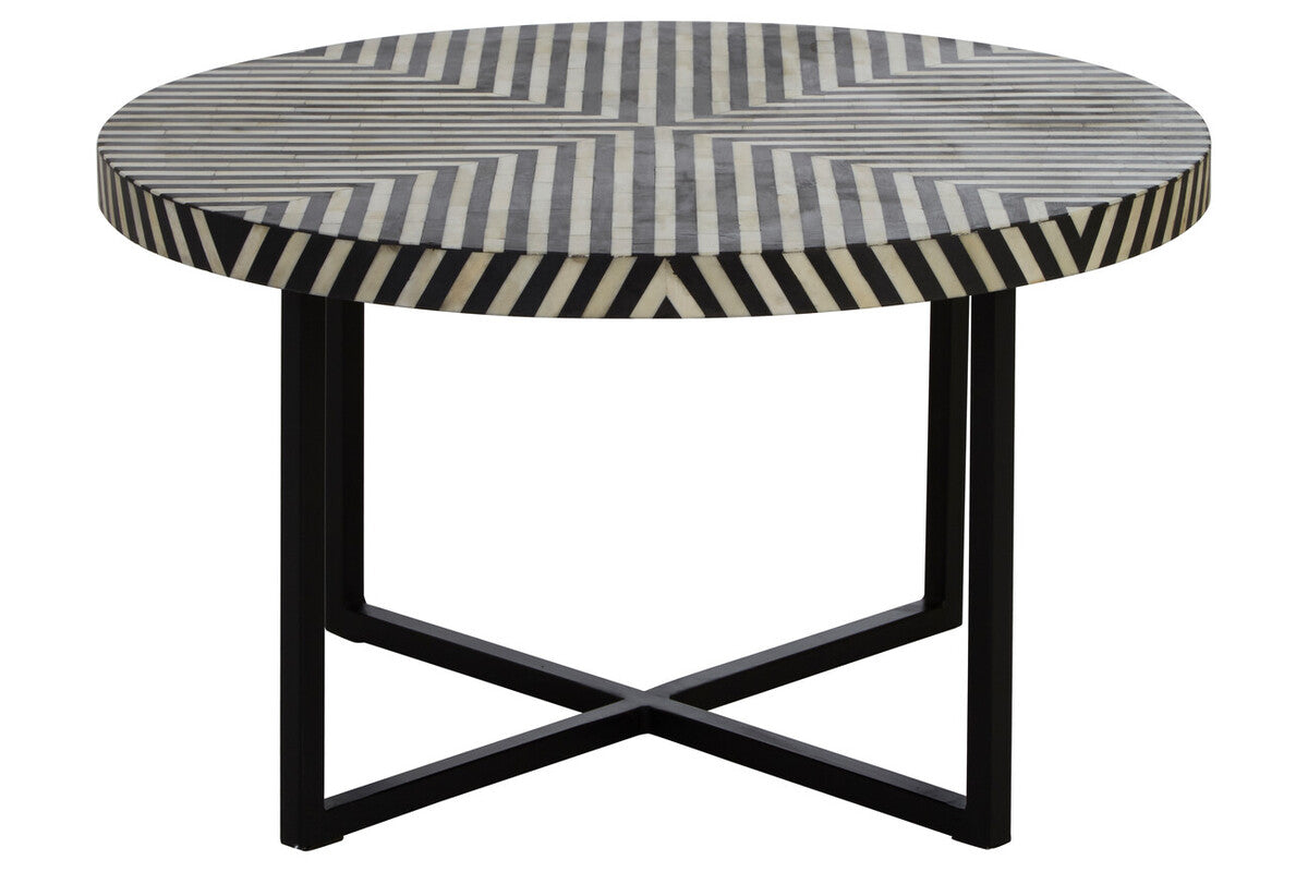 Black and White Top Bone Inlay Coffee Table with Black Metal Legs | Boho