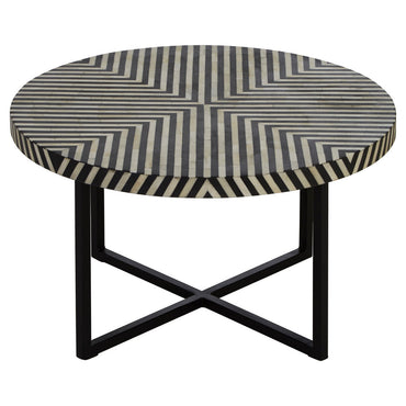 Black and White Top Bone Inlay Coffee Table with Black Metal Legs | Boho
