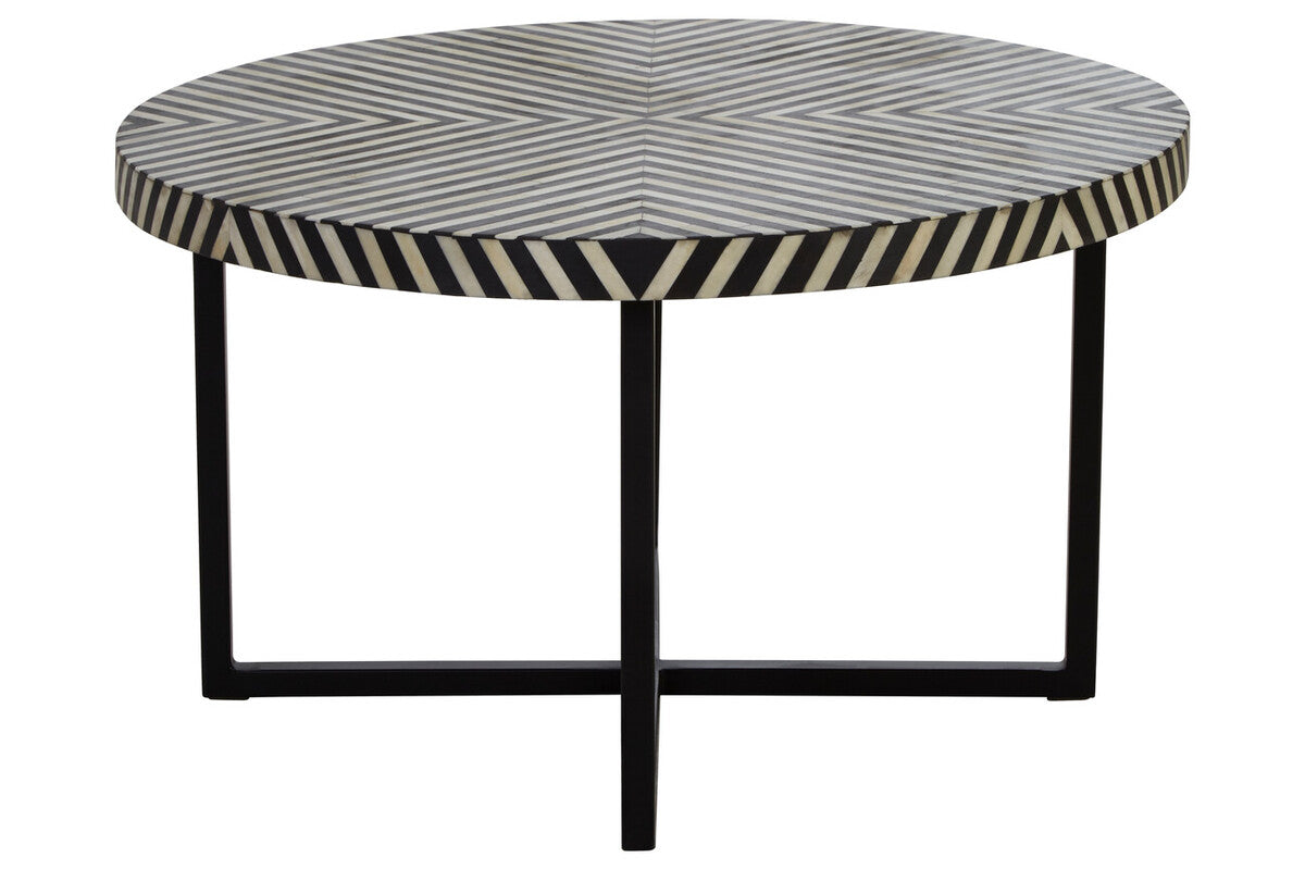 Black and White Top Bone Inlay Coffee Table with Black Metal Legs | Boho