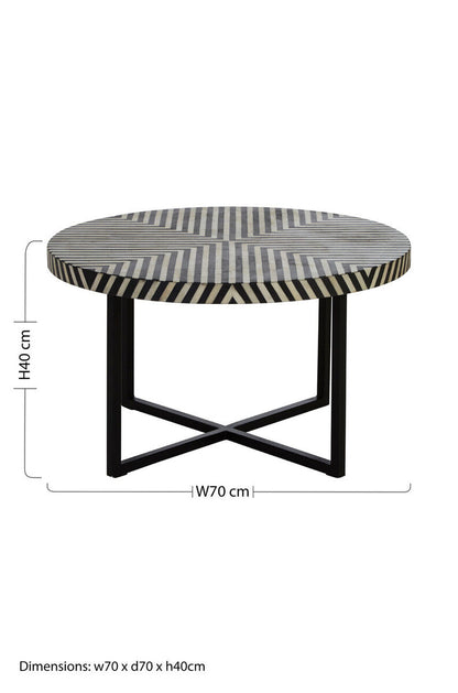 Black and White Top Bone Inlay Coffee Table with Black Metal Legs | Boho