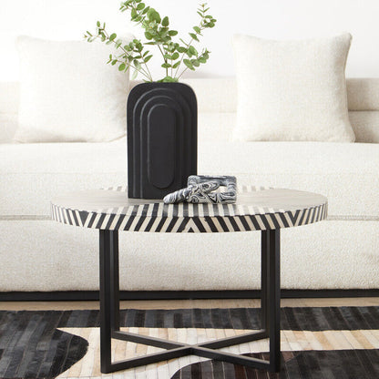 Black and White Top Bone Inlay Coffee Table with Black Metal Legs | Boho