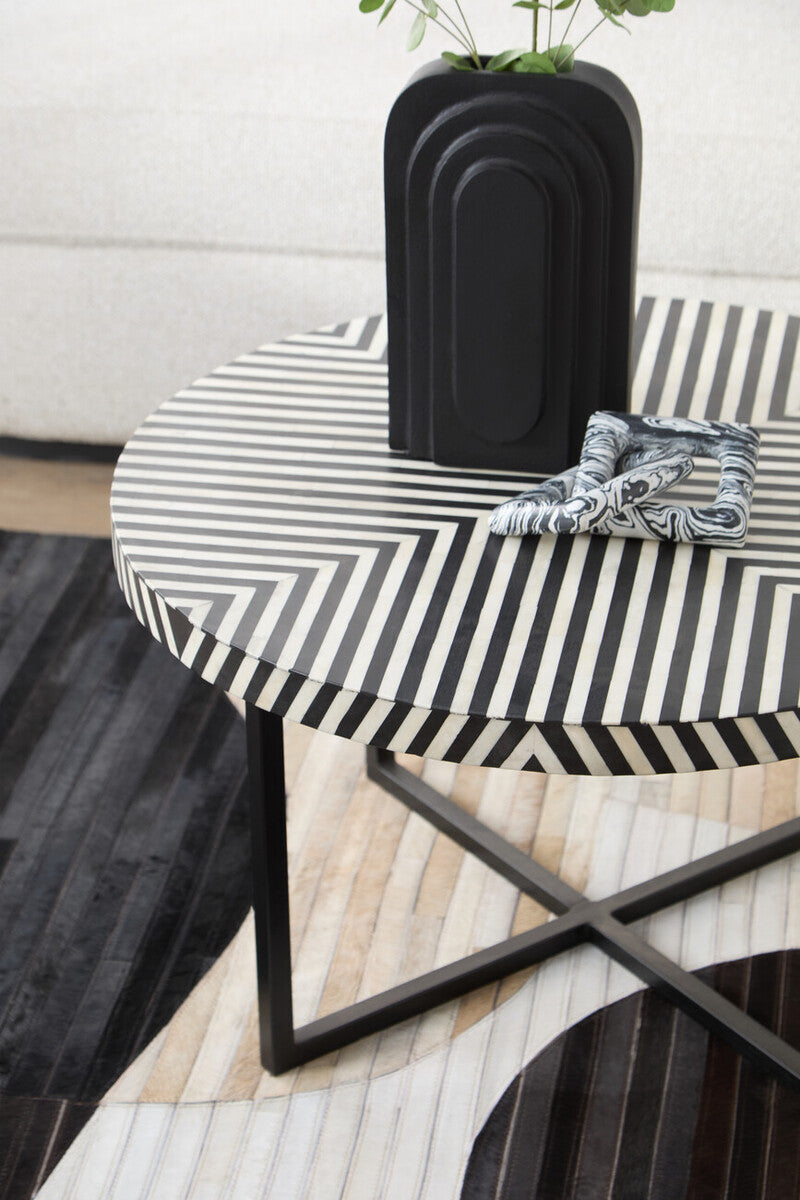 Black and White Top Bone Inlay Coffee Table with Black Metal Legs | Boho