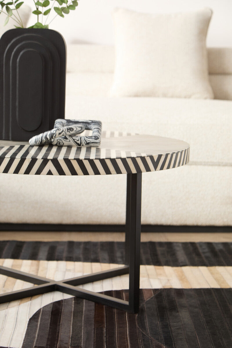 Black and White Top Bone Inlay Coffee Table with Black Metal Legs | Boho