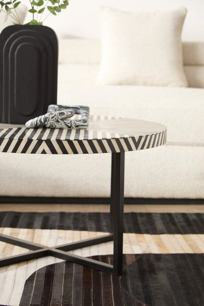 Black and White Top Bone Inlay Coffee Table with Black Metal Legs | Boho