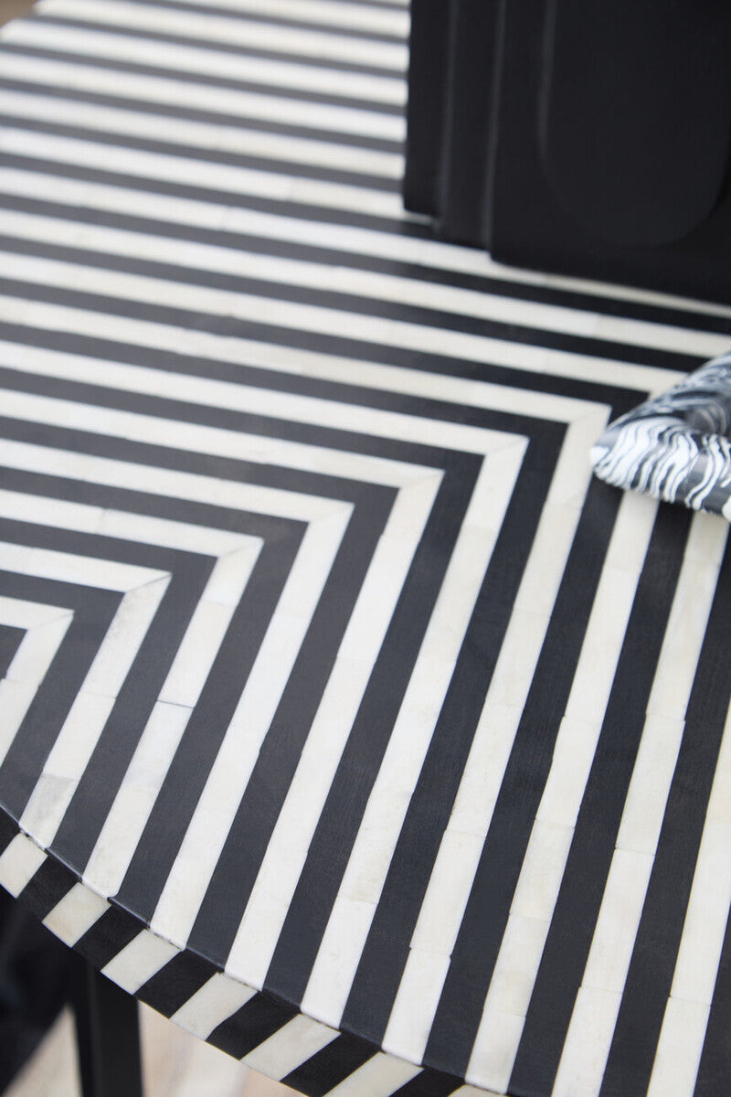 Black and White Top Bone Inlay Coffee Table with Black Metal Legs | Boho